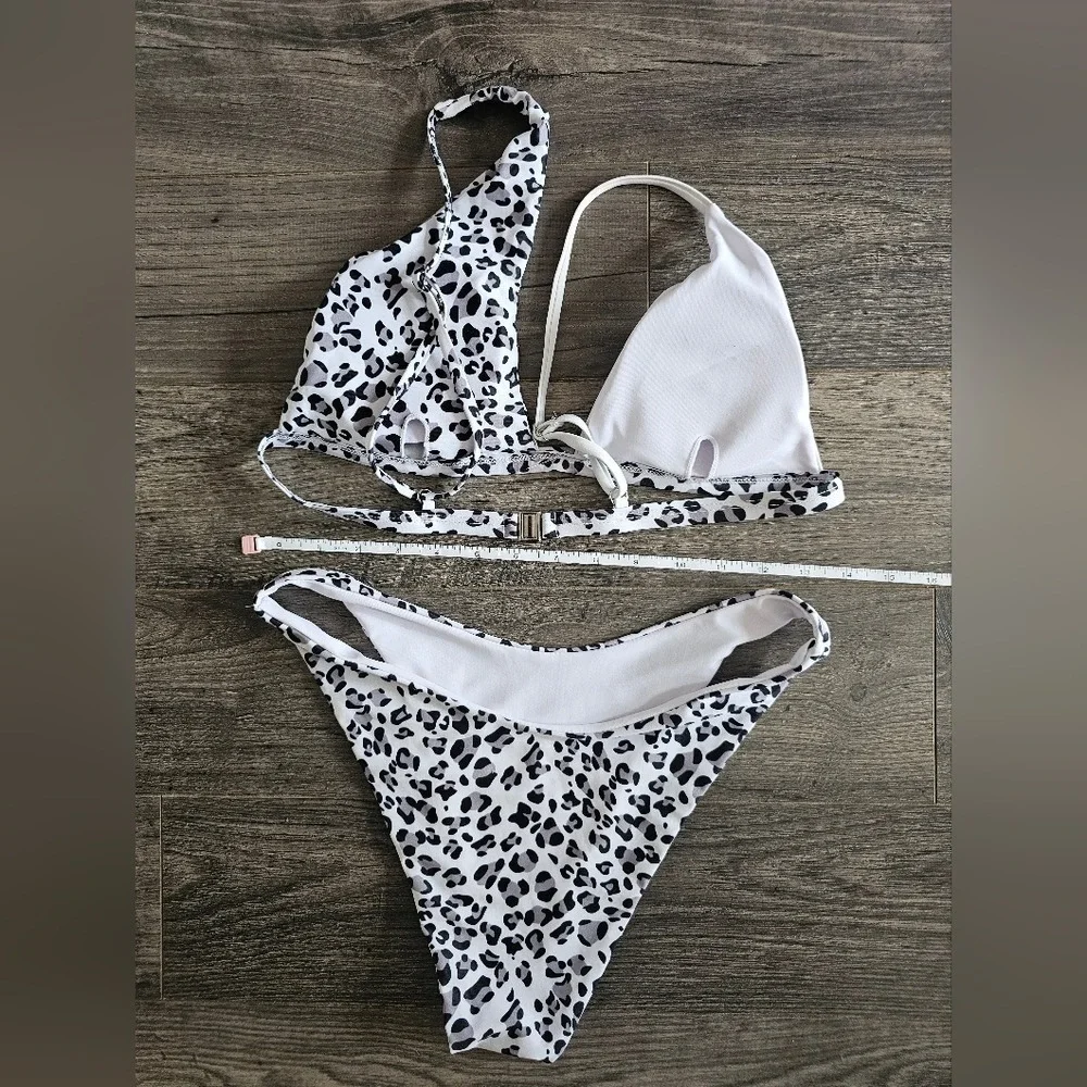 szL Animal Print Colorblock High Waist String Bikini Vacation Beach Pool Mobwife